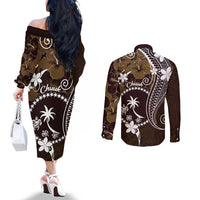 FSM Chuuk Couples Matching Off The Shoulder Long Sleeve Dress and Long Sleeve Button Shirt Turtle Tropical Flowers Polynesian - Brown LT14 - Polynesian Pride