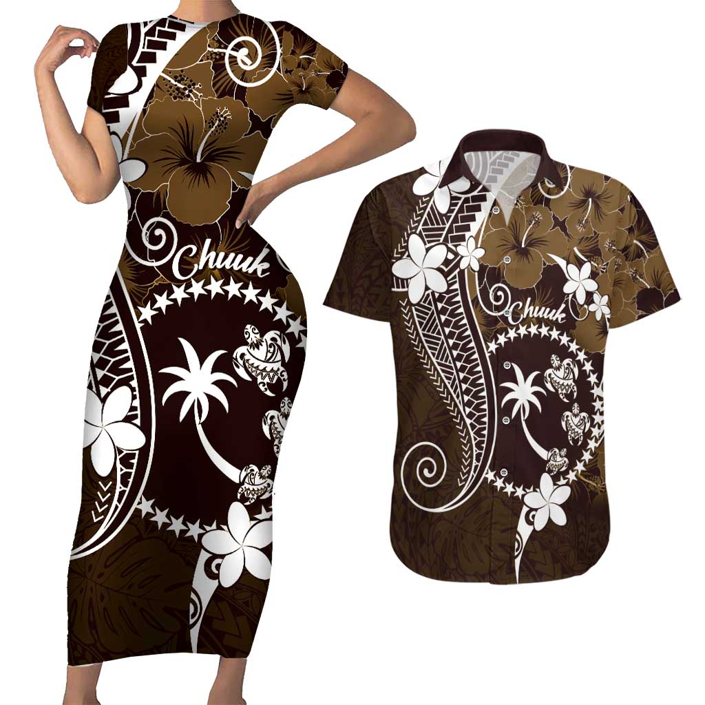 FSM Chuuk Couples Matching Short Sleeve Bodycon Dress and Hawaiian Shirt Turtle Tropical Flowers Polynesian - Brown LT14 Brown - Polynesian Pride