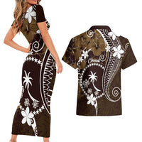 FSM Chuuk Couples Matching Short Sleeve Bodycon Dress and Hawaiian Shirt Turtle Tropical Flowers Polynesian - Brown LT14 - Polynesian Pride