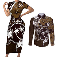 FSM Chuuk Couples Matching Short Sleeve Bodycon Dress and Long Sleeve Button Shirt Turtle Tropical Flowers Polynesian - Brown LT14 Brown - Polynesian Pride
