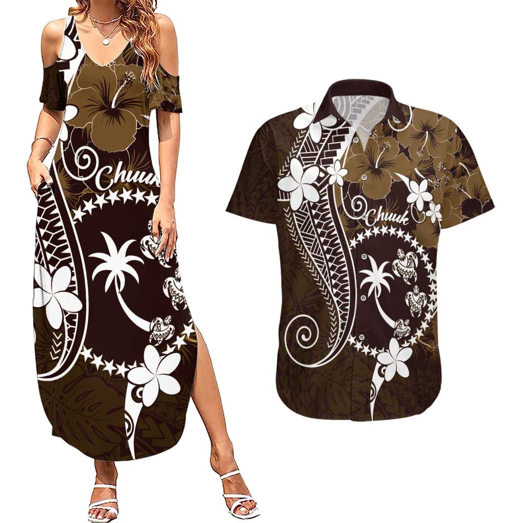 FSM Chuuk Couples Matching Summer Maxi Dress and Hawaiian Shirt Turtle Tropical Flowers Polynesian - Brown LT14 Brown - Polynesian Pride