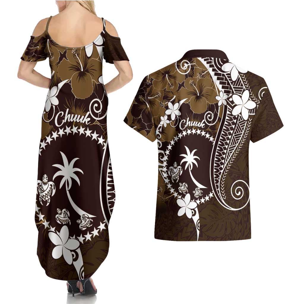 FSM Chuuk Couples Matching Summer Maxi Dress and Hawaiian Shirt Turtle Tropical Flowers Polynesian - Brown LT14 - Polynesian Pride