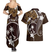 FSM Chuuk Couples Matching Summer Maxi Dress and Hawaiian Shirt Turtle Tropical Flowers Polynesian - Brown LT14 - Polynesian Pride