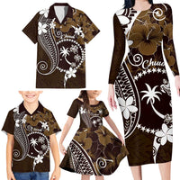 FSM Chuuk Family Matching Long Sleeve Bodycon Dress and Hawaiian Shirt Turtle Tropical Flowers Polynesian - Brown LT14 - Polynesian Pride