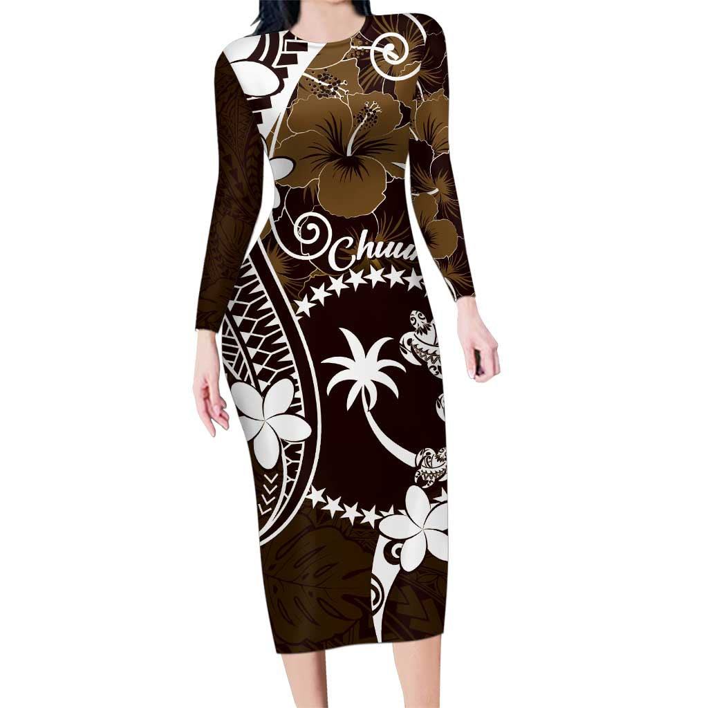 FSM Chuuk Family Matching Long Sleeve Bodycon Dress and Hawaiian Shirt Turtle Tropical Flowers Polynesian - Brown LT14 Mom's Dress Brown - Polynesian Pride