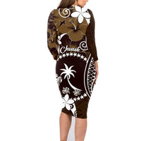 FSM Chuuk Family Matching Long Sleeve Bodycon Dress and Hawaiian Shirt Turtle Tropical Flowers Polynesian - Brown LT14 - Polynesian Pride