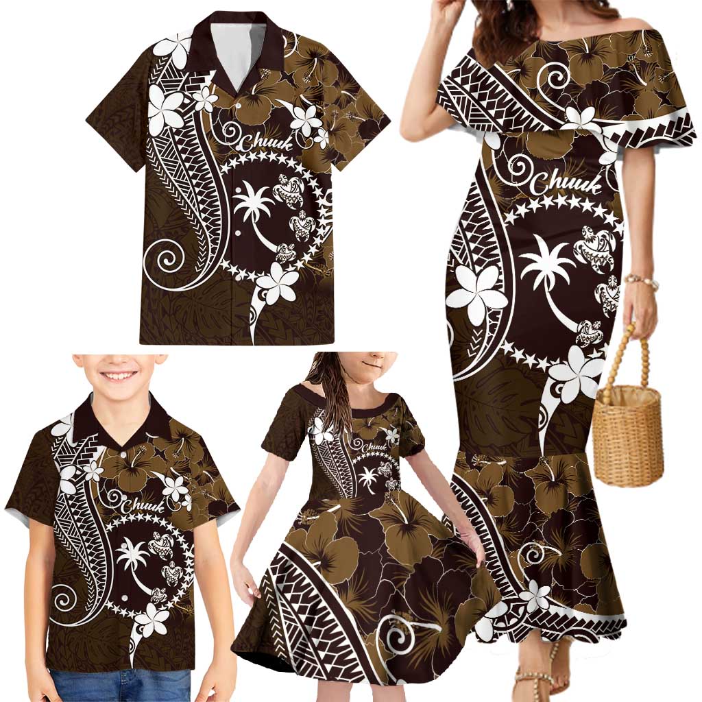 FSM Chuuk Family Matching Mermaid Dress and Hawaiian Shirt Turtle Tropical Flowers Polynesian - Brown LT14 - Polynesian Pride