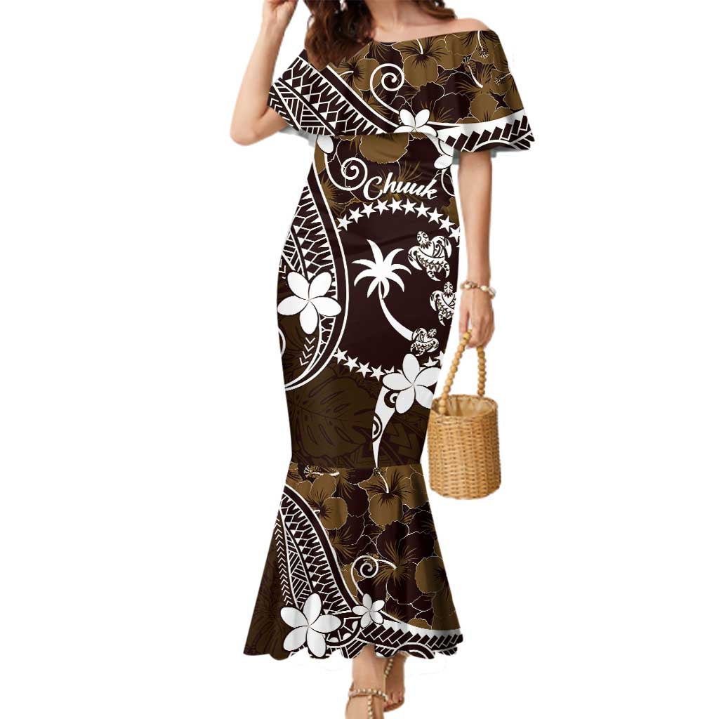 FSM Chuuk Family Matching Mermaid Dress and Hawaiian Shirt Turtle Tropical Flowers Polynesian - Brown LT14 Mom's Dress Brown - Polynesian Pride