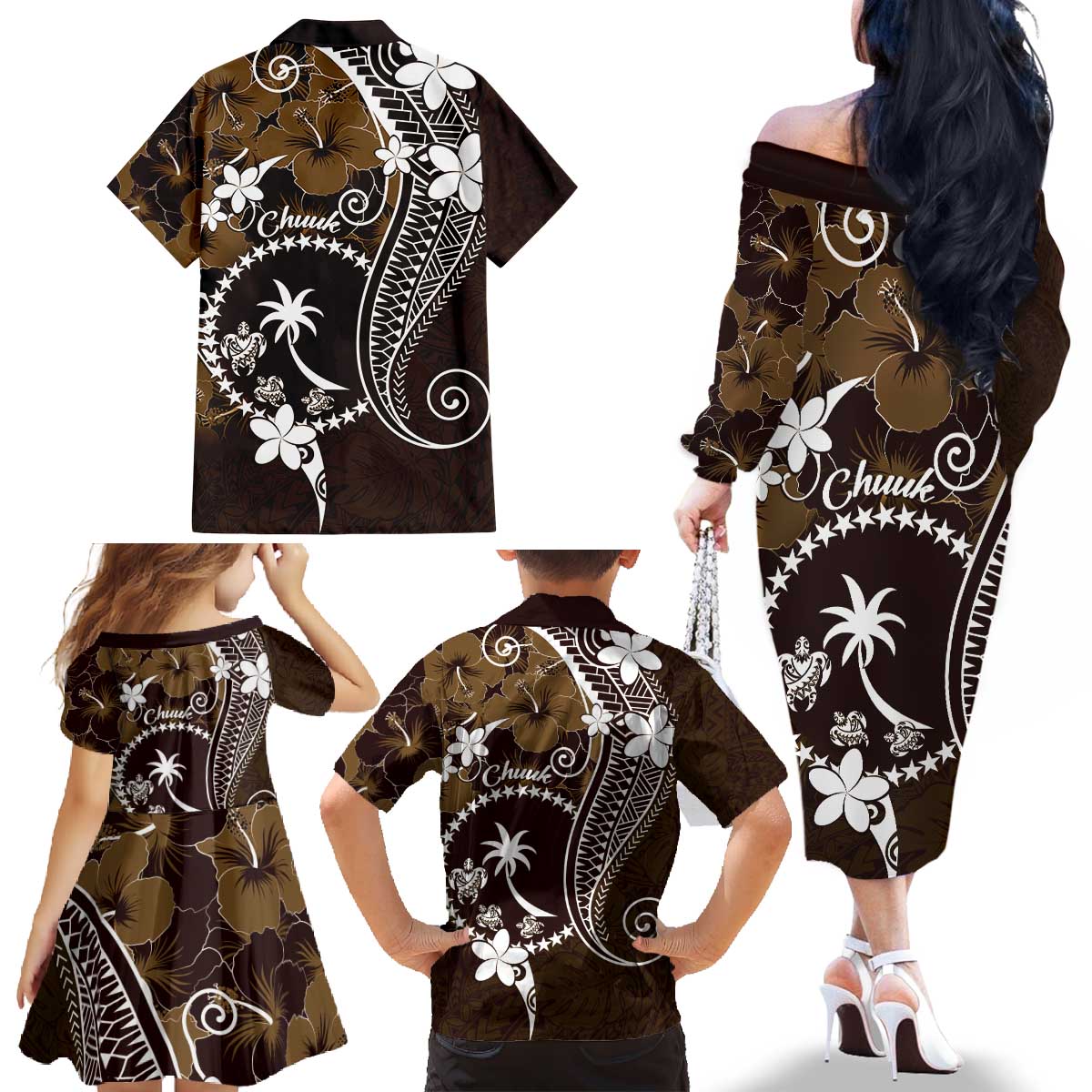 FSM Chuuk Family Matching Off The Shoulder Long Sleeve Dress and Hawaiian Shirt Turtle Tropical Flowers Polynesian - Brown LT14 - Polynesian Pride