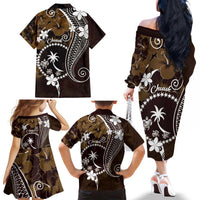 FSM Chuuk Family Matching Off The Shoulder Long Sleeve Dress and Hawaiian Shirt Turtle Tropical Flowers Polynesian - Brown LT14 - Polynesian Pride