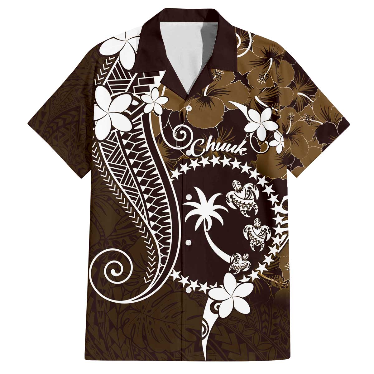 FSM Chuuk Family Matching Off The Shoulder Long Sleeve Dress and Hawaiian Shirt Turtle Tropical Flowers Polynesian - Brown LT14 Dad's Shirt - Short Sleeve Brown - Polynesian Pride
