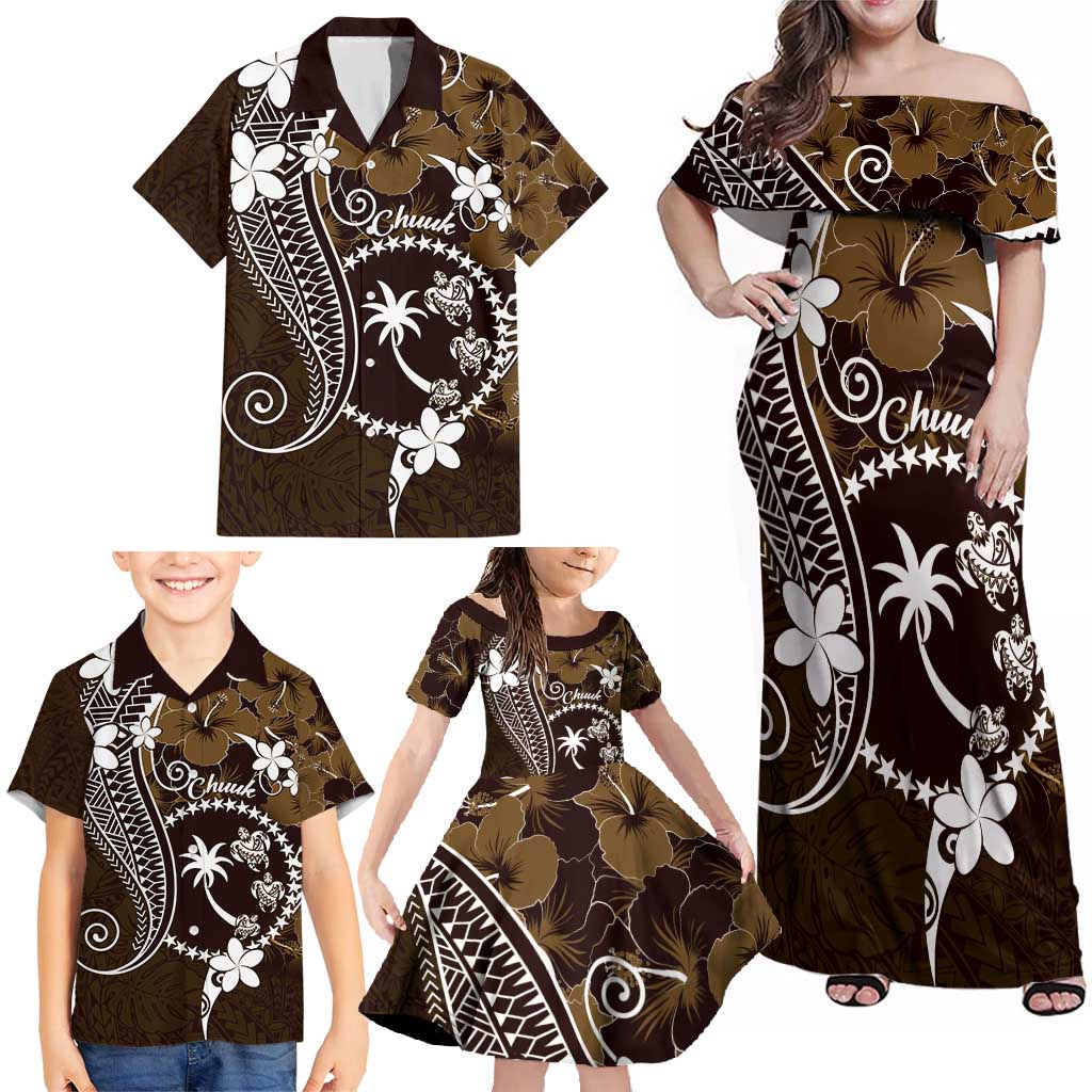 FSM Chuuk Family Matching Off Shoulder Maxi Dress and Hawaiian Shirt Turtle Tropical Flowers Polynesian - Brown LT14 - Polynesian Pride