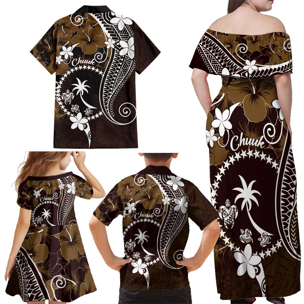 FSM Chuuk Family Matching Off Shoulder Maxi Dress and Hawaiian Shirt Turtle Tropical Flowers Polynesian - Brown LT14 - Polynesian Pride
