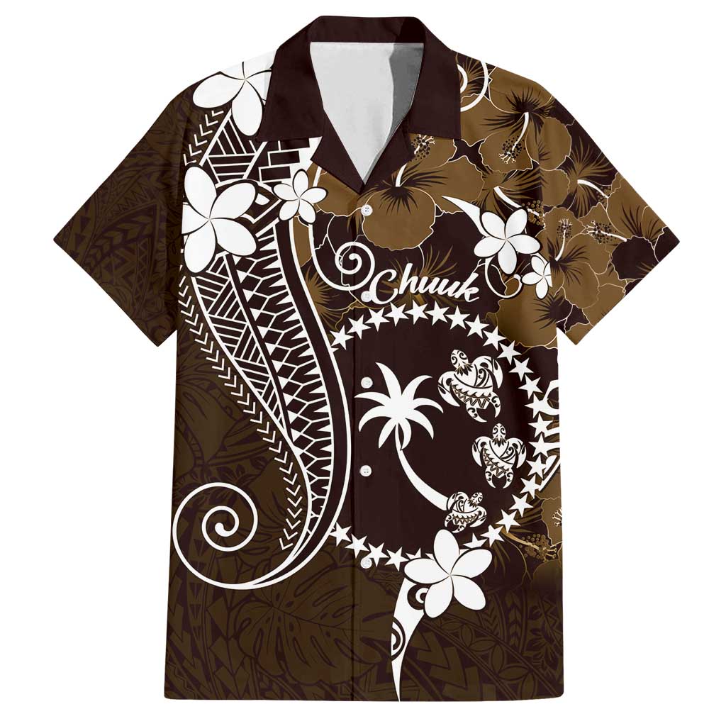 FSM Chuuk Family Matching Off Shoulder Maxi Dress and Hawaiian Shirt Turtle Tropical Flowers Polynesian - Brown LT14 Dad's Shirt - Short Sleeve Brown - Polynesian Pride