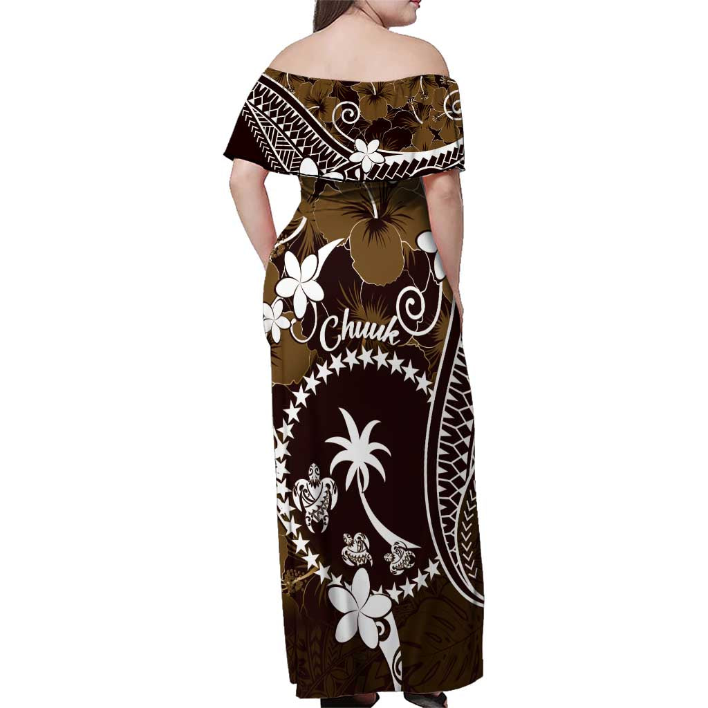FSM Chuuk Family Matching Off Shoulder Maxi Dress and Hawaiian Shirt Turtle Tropical Flowers Polynesian - Brown LT14 - Polynesian Pride