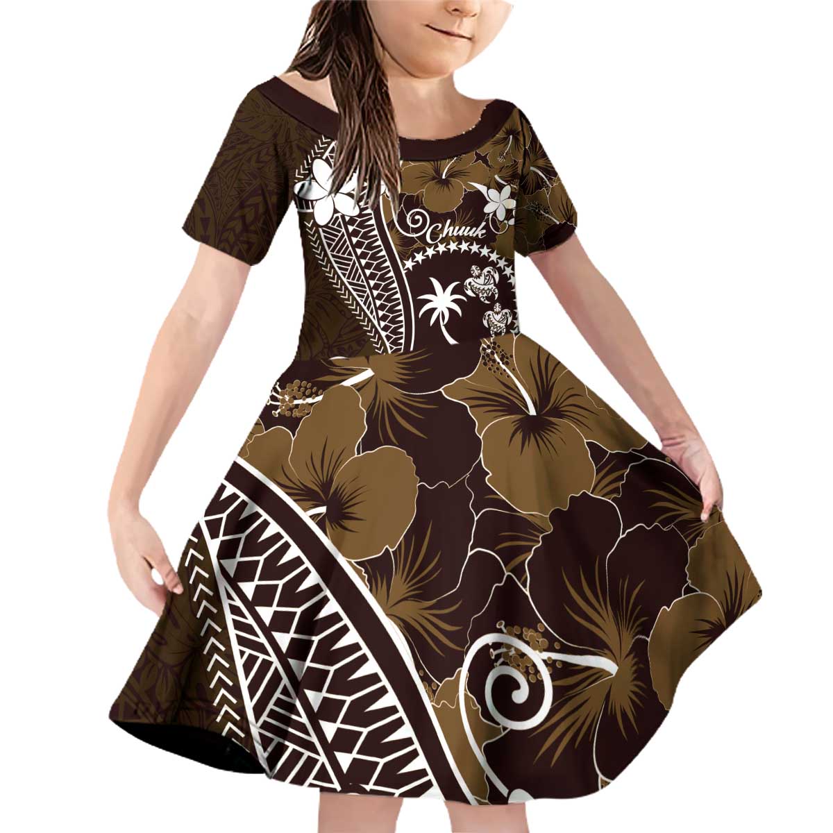 FSM Chuuk Family Matching Off Shoulder Short Dress and Hawaiian Shirt Turtle Tropical Flowers Polynesian - Brown LT14 Daughter's Dress Brown - Polynesian Pride