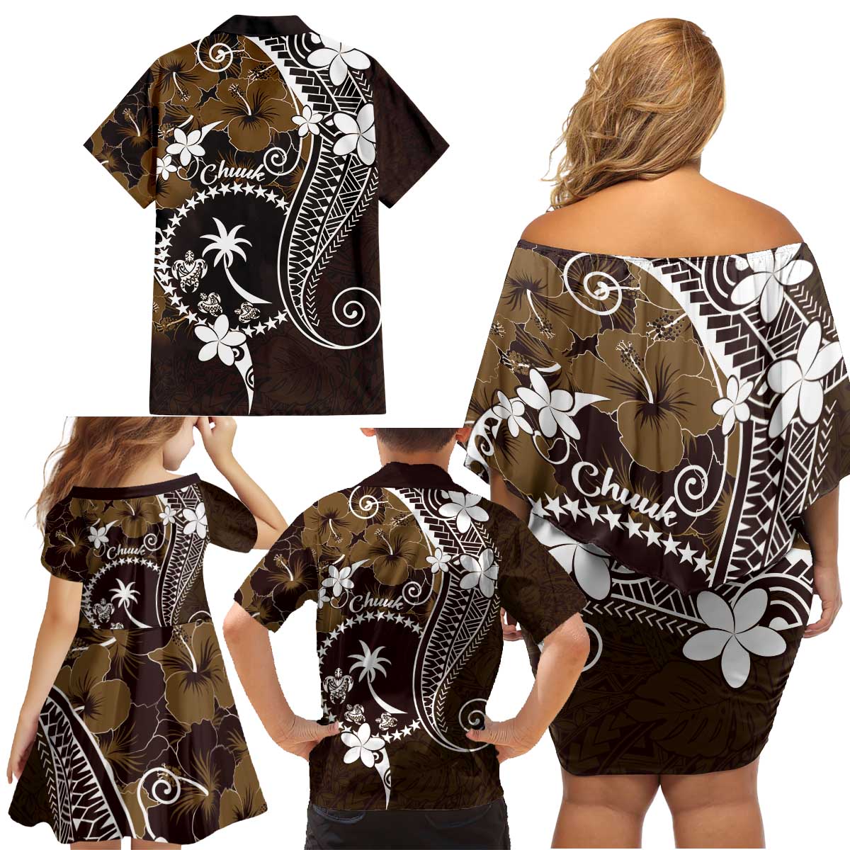 FSM Chuuk Family Matching Off Shoulder Short Dress and Hawaiian Shirt Turtle Tropical Flowers Polynesian - Brown LT14 - Polynesian Pride