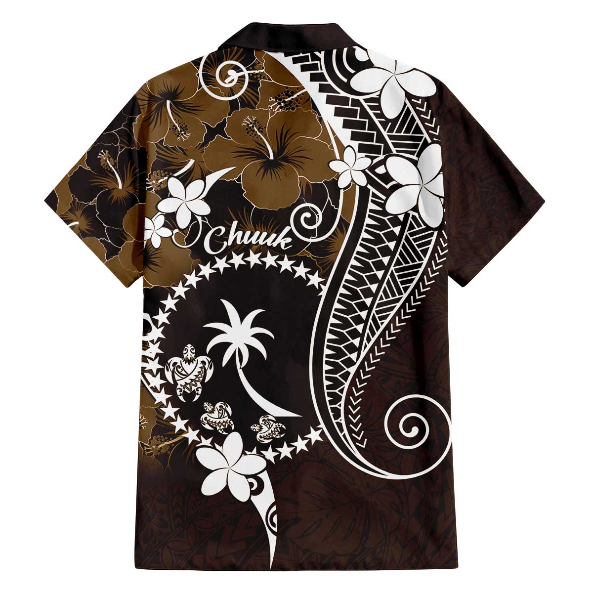 FSM Chuuk Family Matching Off Shoulder Short Dress and Hawaiian Shirt Turtle Tropical Flowers Polynesian - Brown LT14 - Polynesian Pride