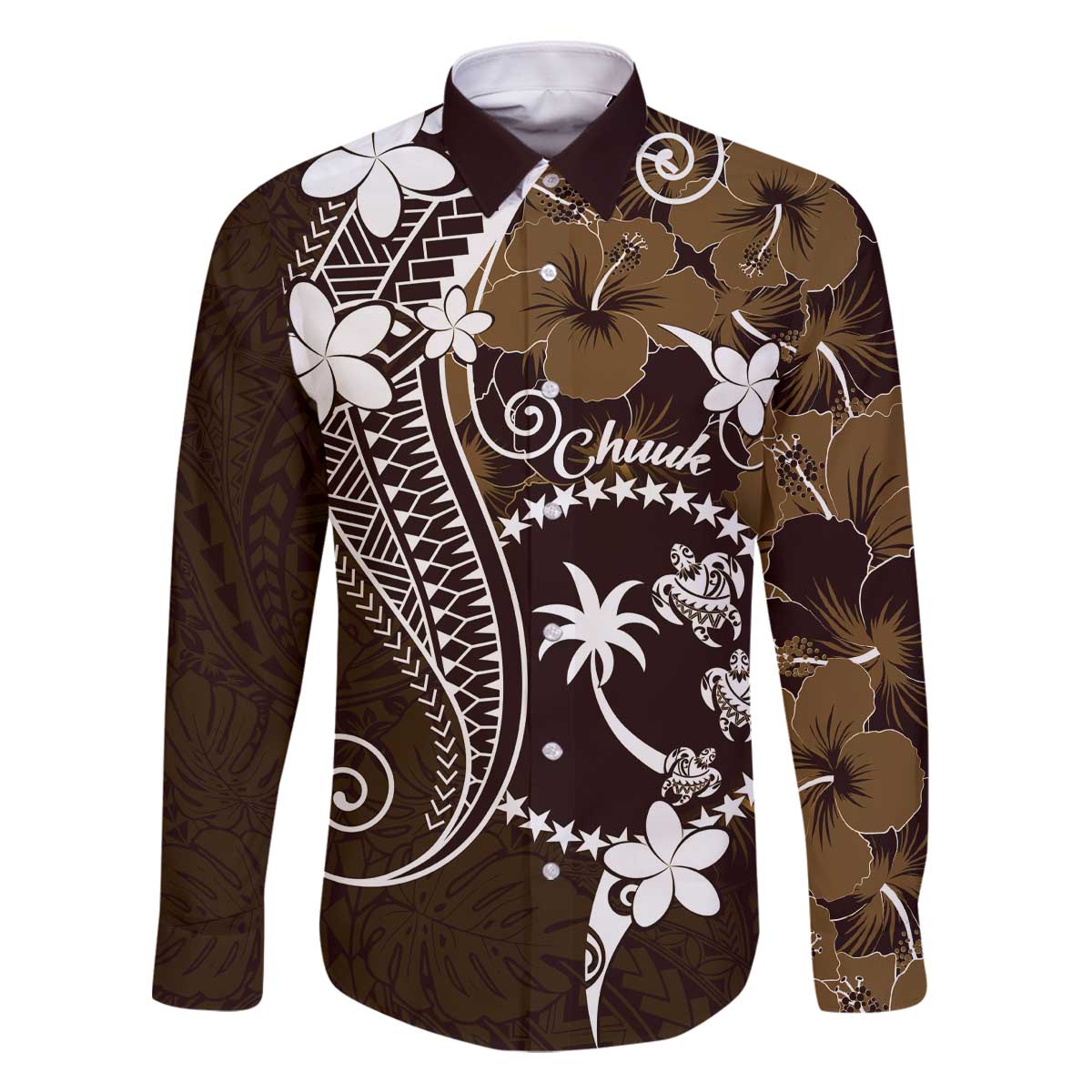 FSM Chuuk Family Matching Off Shoulder Short Dress and Hawaiian Shirt Turtle Tropical Flowers Polynesian - Brown LT14 Dad's Shirt - Long Sleeve Brown - Polynesian Pride