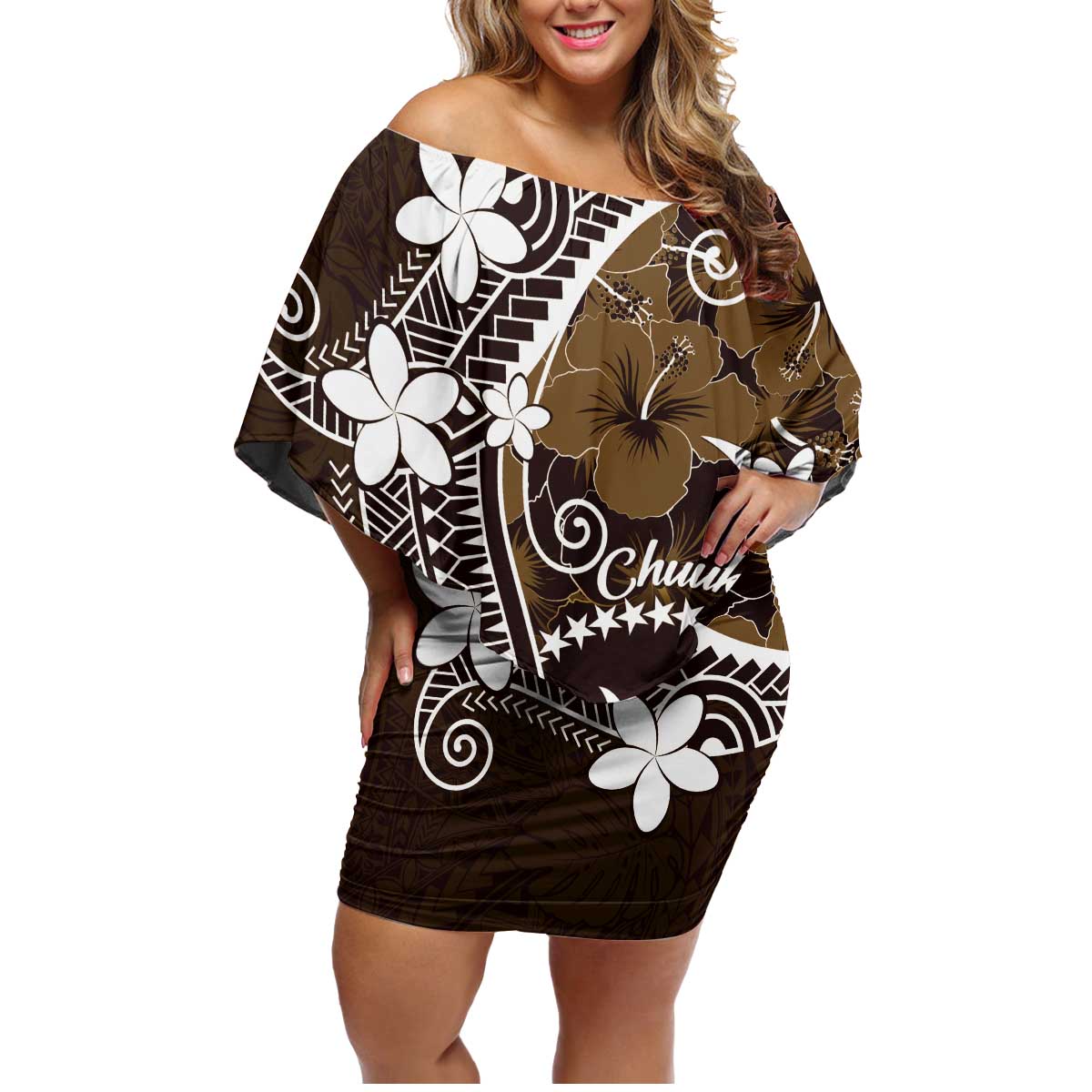 FSM Chuuk Family Matching Off Shoulder Short Dress and Hawaiian Shirt Turtle Tropical Flowers Polynesian - Brown LT14 Mom's Dress Brown - Polynesian Pride