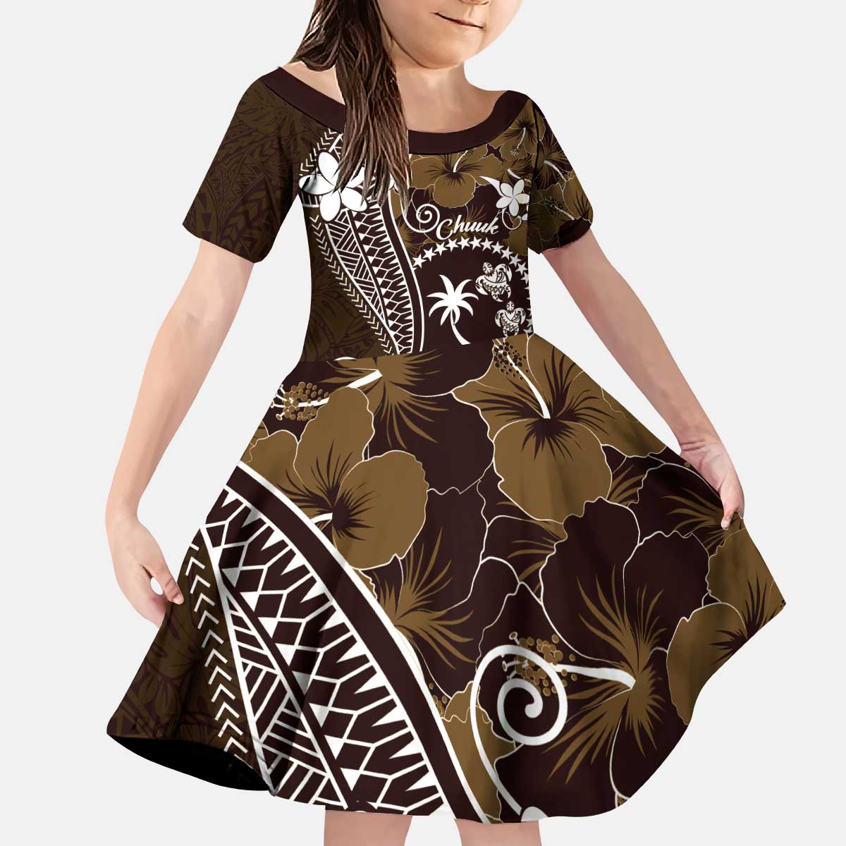 FSM Chuuk Family Matching Puletasi and Hawaiian Shirt Turtle Tropical Flowers Polynesian - Brown LT14 Daughter's Dress Brown - Polynesian Pride
