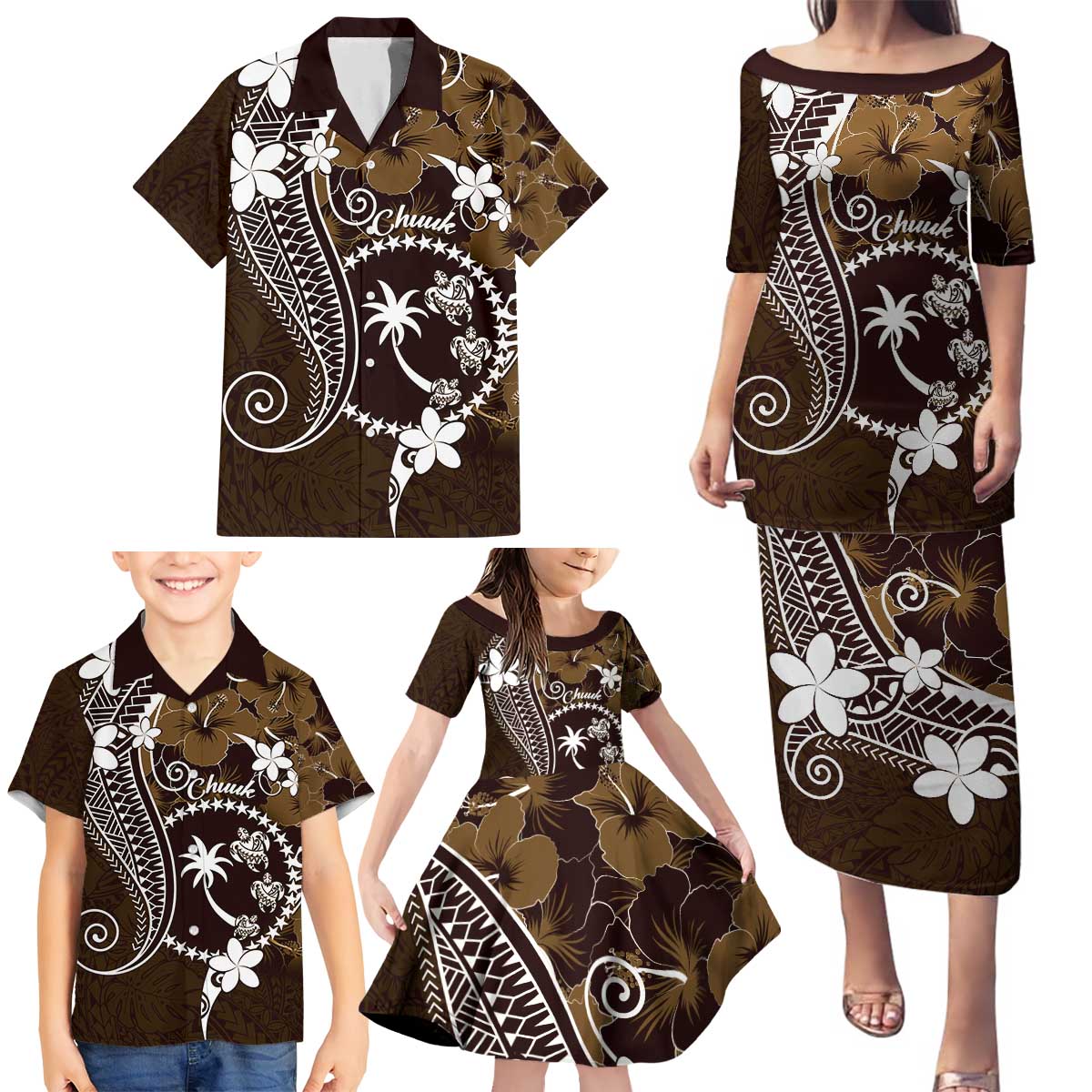 FSM Chuuk Family Matching Puletasi and Hawaiian Shirt Turtle Tropical Flowers Polynesian - Brown LT14 - Polynesian Pride