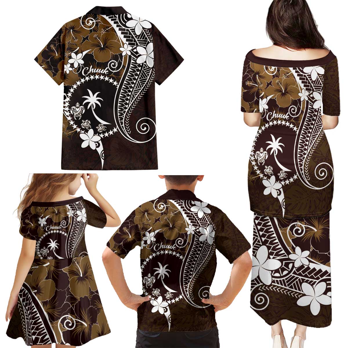 FSM Chuuk Family Matching Puletasi and Hawaiian Shirt Turtle Tropical Flowers Polynesian - Brown LT14 - Polynesian Pride