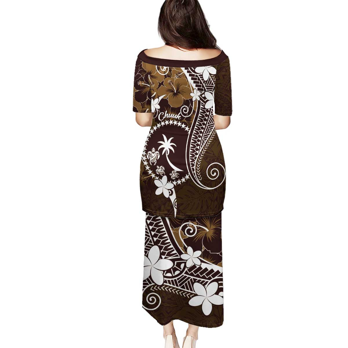 FSM Chuuk Family Matching Puletasi and Hawaiian Shirt Turtle Tropical Flowers Polynesian - Brown LT14 - Polynesian Pride