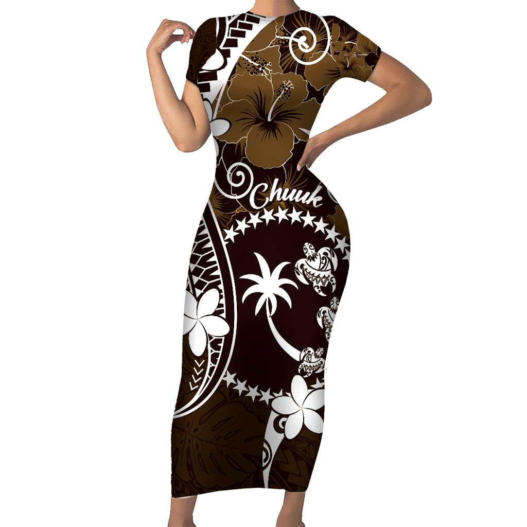 FSM Chuuk Family Matching Short Sleeve Bodycon Dress and Hawaiian Shirt Turtle Tropical Flowers Polynesian - Brown LT14 Mom's Dress Brown - Polynesian Pride