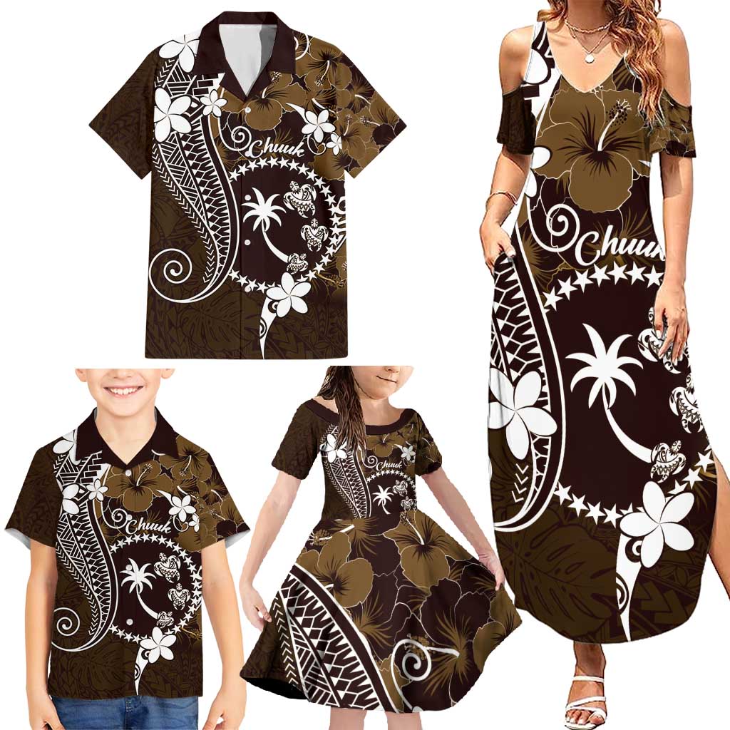 FSM Chuuk Family Matching Summer Maxi Dress and Hawaiian Shirt Turtle Tropical Flowers Polynesian - Brown LT14 - Polynesian Pride