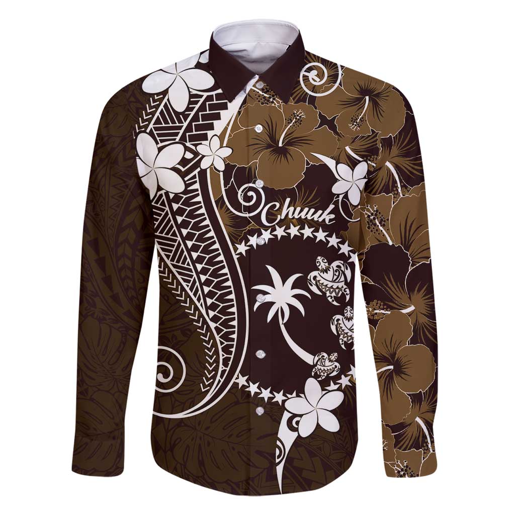 FSM Chuuk Family Matching Summer Maxi Dress and Hawaiian Shirt Turtle Tropical Flowers Polynesian - Brown LT14 Dad's Shirt - Long Sleeve Brown - Polynesian Pride