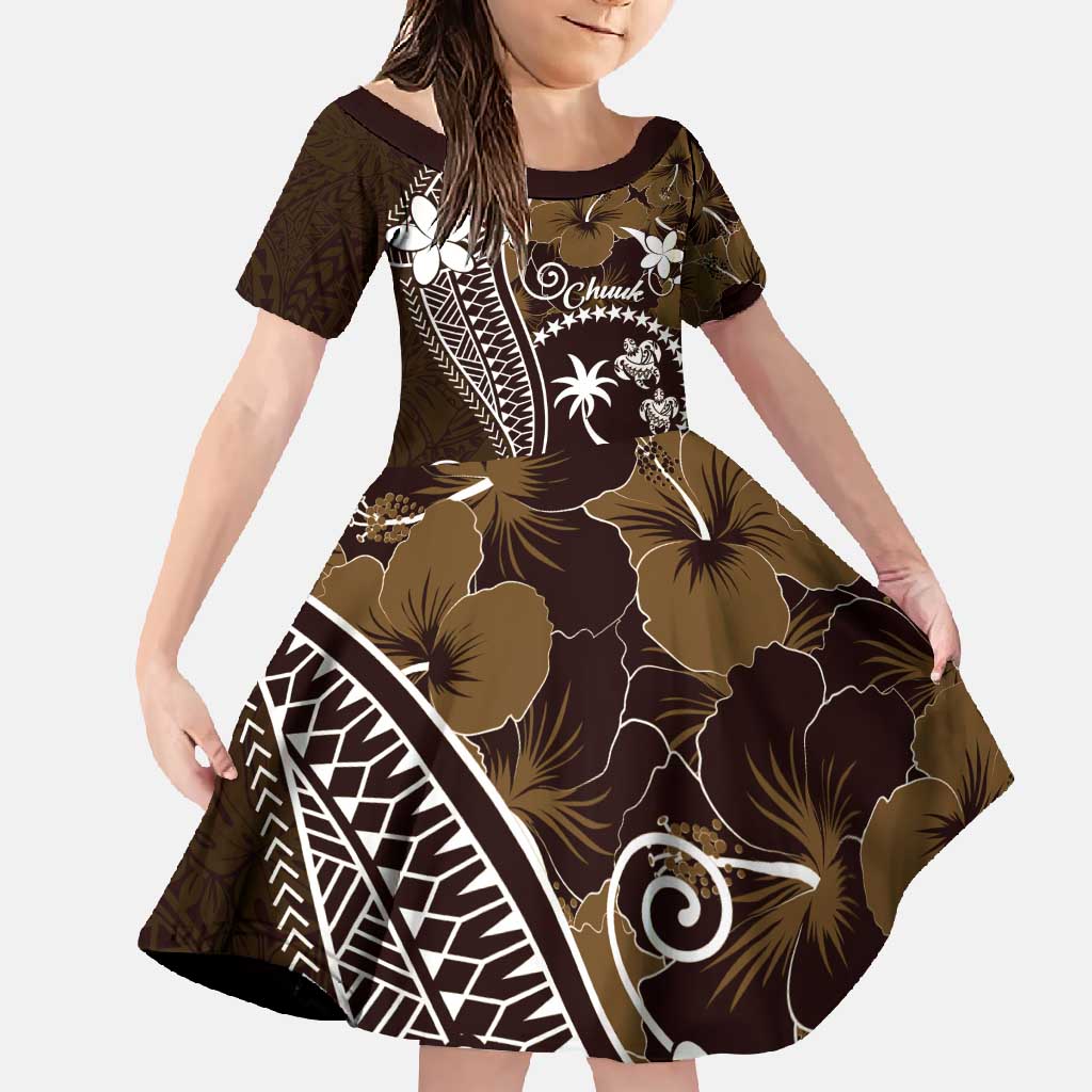 FSM Chuuk Family Matching Tank Maxi Dress and Hawaiian Shirt Turtle Tropical Flowers Polynesian - Brown LT14 Daughter's Dress Brown - Polynesian Pride