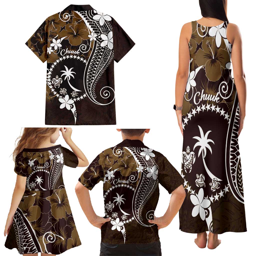 FSM Chuuk Family Matching Tank Maxi Dress and Hawaiian Shirt Turtle Tropical Flowers Polynesian - Brown LT14 - Polynesian Pride