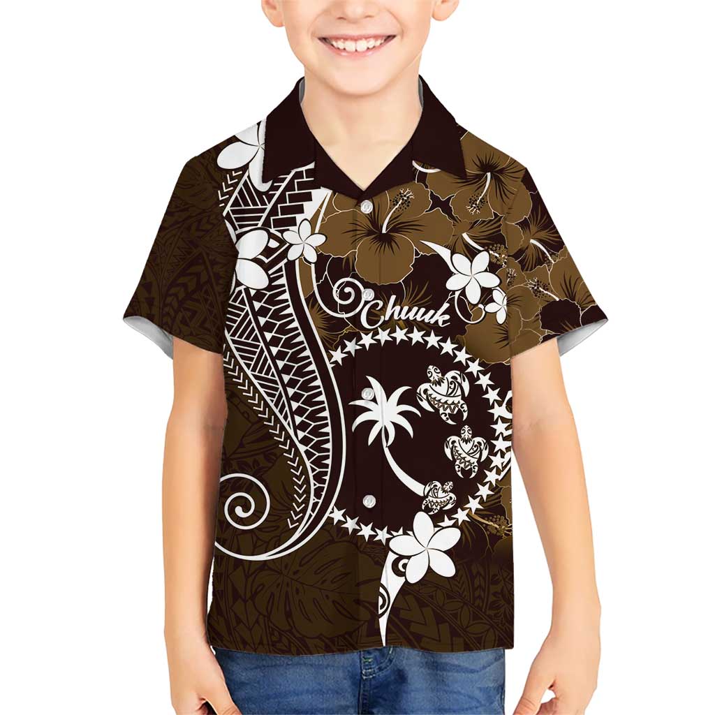 FSM Chuuk Hawaiian Shirt Turtle Tropical Flowers Polynesian - Brown