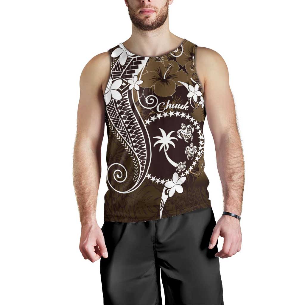 FSM Chuuk Men Tank Top Turtle Tropical Flowers Polynesian - Brown LT14 - Polynesian Pride