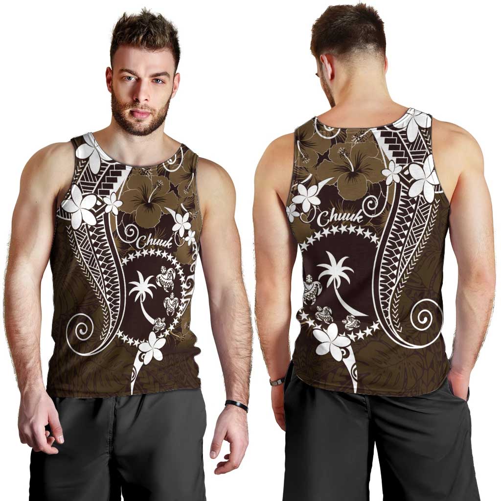 FSM Chuuk Men Tank Top Turtle Tropical Flowers Polynesian - Brown LT14 - Polynesian Pride