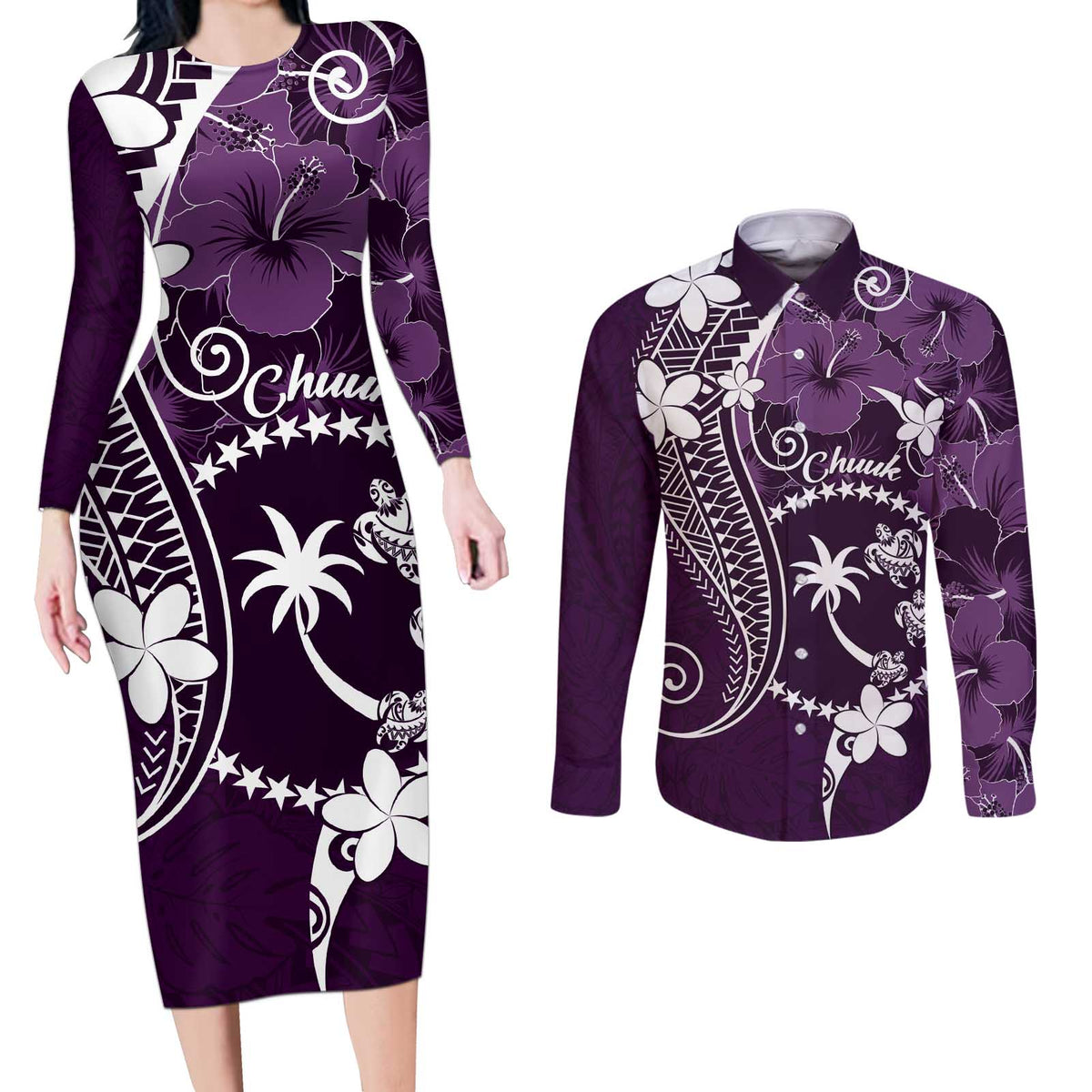 FSM Chuuk Couples Matching Long Sleeve Bodycon Dress and Long Sleeve Button Shirt Turtle Tropical Flowers Polynesian - Purple LT14 Purple - Polynesian Pride