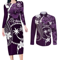 FSM Chuuk Couples Matching Long Sleeve Bodycon Dress and Long Sleeve Button Shirt Turtle Tropical Flowers Polynesian - Purple LT14 Purple - Polynesian Pride