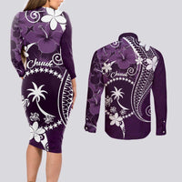 FSM Chuuk Couples Matching Long Sleeve Bodycon Dress and Long Sleeve Button Shirt Turtle Tropical Flowers Polynesian - Purple LT14 - Polynesian Pride
