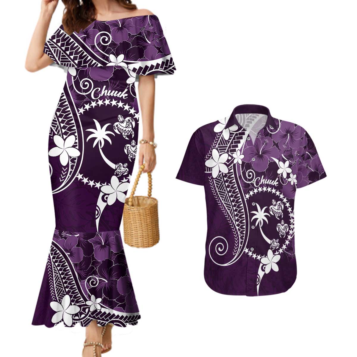 FSM Chuuk Couples Matching Mermaid Dress and Hawaiian Shirt Turtle Tropical Flowers Polynesian - Purple LT14 Purple - Polynesian Pride