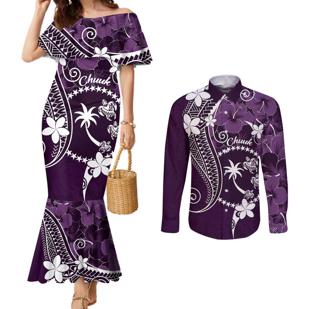 FSM Chuuk Couples Matching Mermaid Dress and Long Sleeve Button Shirt Turtle Tropical Flowers Polynesian - Purple LT14 Purple - Polynesian Pride