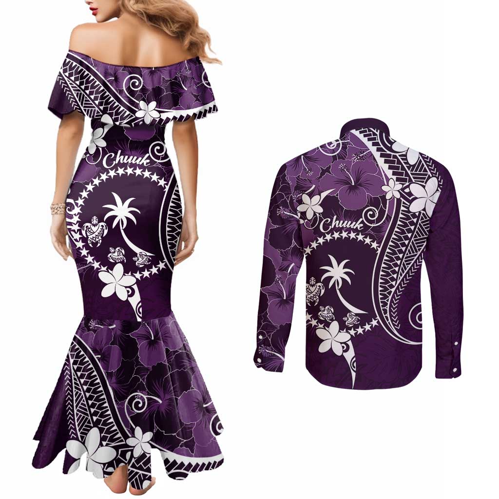FSM Chuuk Couples Matching Mermaid Dress and Long Sleeve Button Shirt Turtle Tropical Flowers Polynesian - Purple LT14 - Polynesian Pride