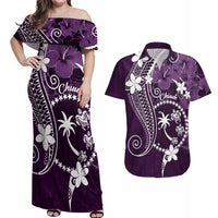FSM Chuuk Couples Matching Off Shoulder Maxi Dress and Hawaiian Shirt Turtle Tropical Flowers Polynesian - Purple LT14 Purple - Polynesian Pride