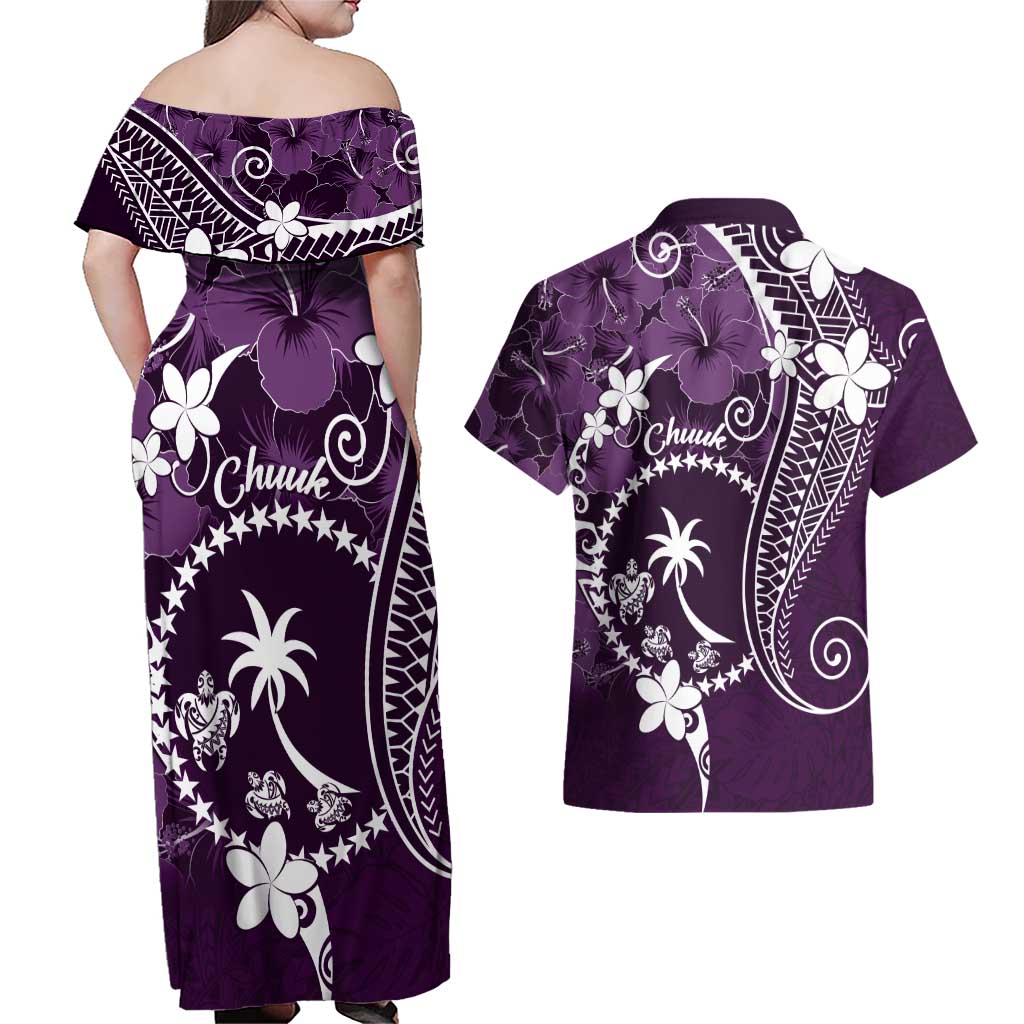 FSM Chuuk Couples Matching Off Shoulder Maxi Dress and Hawaiian Shirt Turtle Tropical Flowers Polynesian - Purple LT14 - Polynesian Pride