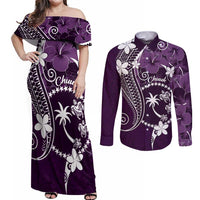FSM Chuuk Couples Matching Off Shoulder Maxi Dress and Long Sleeve Button Shirt Turtle Tropical Flowers Polynesian - Purple LT14 Purple - Polynesian Pride