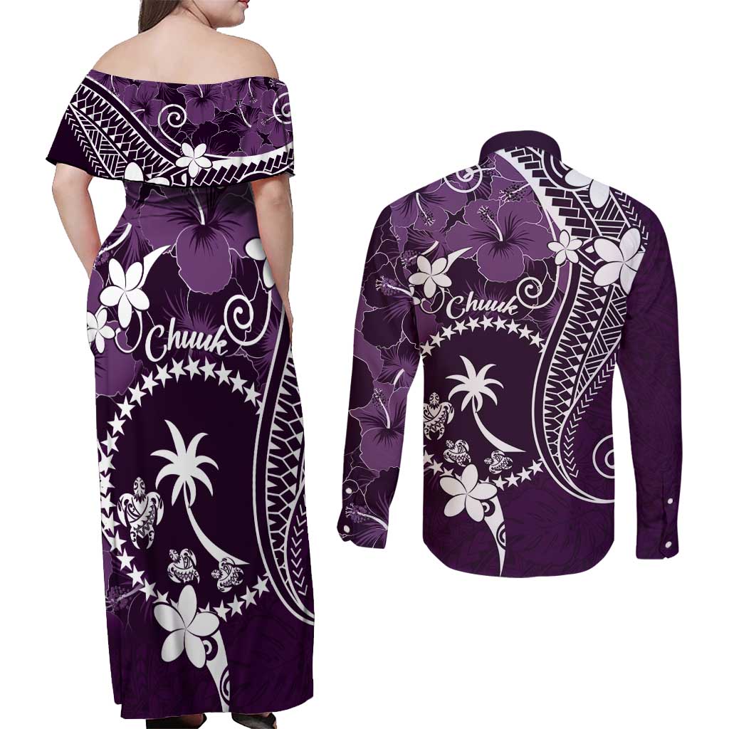FSM Chuuk Couples Matching Off Shoulder Maxi Dress and Long Sleeve Button Shirt Turtle Tropical Flowers Polynesian - Purple LT14 - Polynesian Pride
