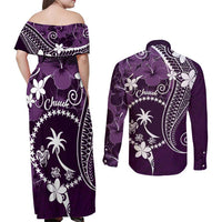 FSM Chuuk Couples Matching Off Shoulder Maxi Dress and Long Sleeve Button Shirt Turtle Tropical Flowers Polynesian - Purple LT14 - Polynesian Pride