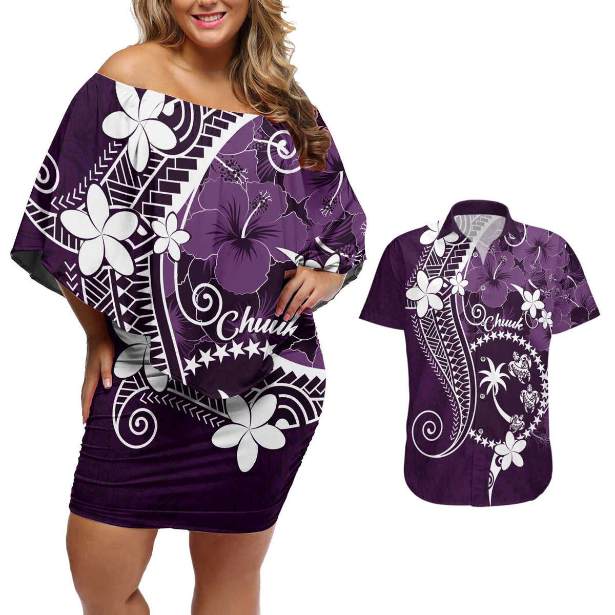 FSM Chuuk Couples Matching Off Shoulder Short Dress and Hawaiian Shirt Turtle Tropical Flowers Polynesian - Purple LT14 Purple - Polynesian Pride
