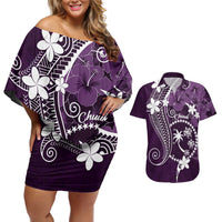 FSM Chuuk Couples Matching Off Shoulder Short Dress and Hawaiian Shirt Turtle Tropical Flowers Polynesian - Purple LT14 Purple - Polynesian Pride