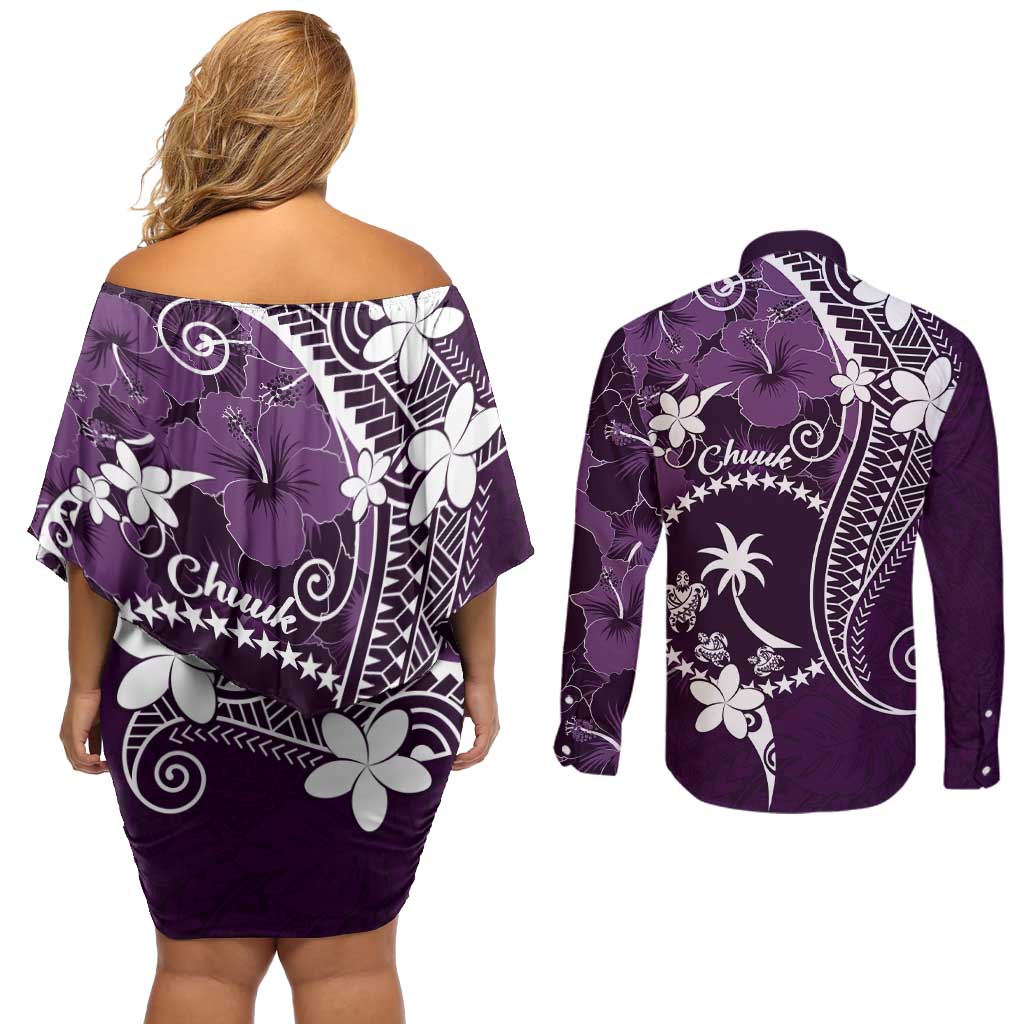 FSM Chuuk Couples Matching Off Shoulder Short Dress and Long Sleeve Button Shirt Turtle Tropical Flowers Polynesian - Purple LT14 - Polynesian Pride
